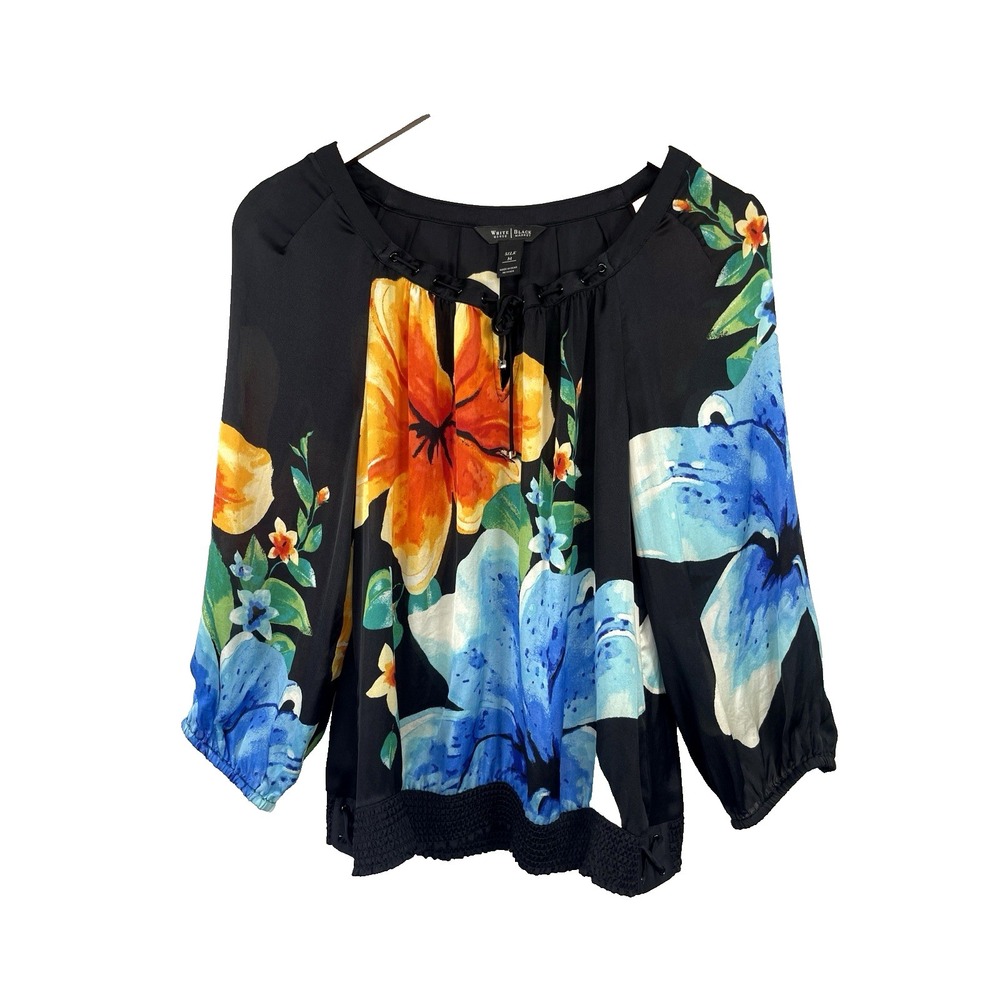 White House Black Market Womens 100% Silk Floral Top M Resortwear Vacation Beach